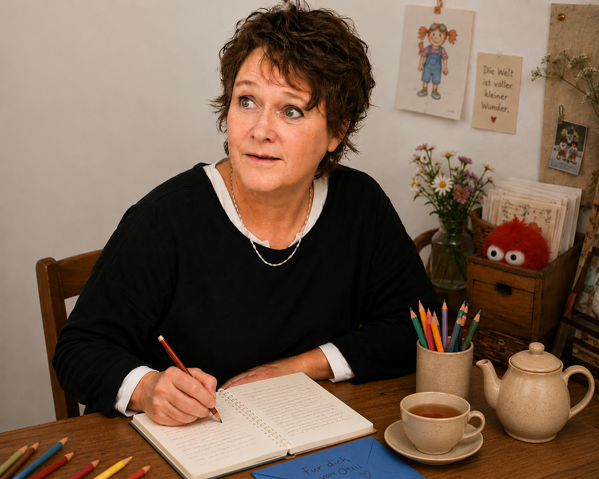 Frau sitze an Tisch und schreibt Geschichten