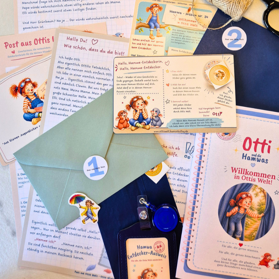 Geschichte, Brief, Entdeckerausweis, Sticker, Brief für die Erwachsenen und Mitmach-Mission